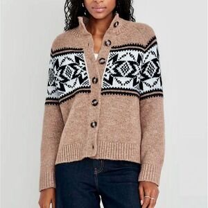 Old Navy Heritage Wool Blend‎ Cardigan Sweater Brown Fair Isle Womens Large NWOT